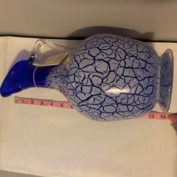 Rossi Blown GlassWater Pitcher Wine Decanter Cobalt Blue with White Crackle - Picture 5 of 5